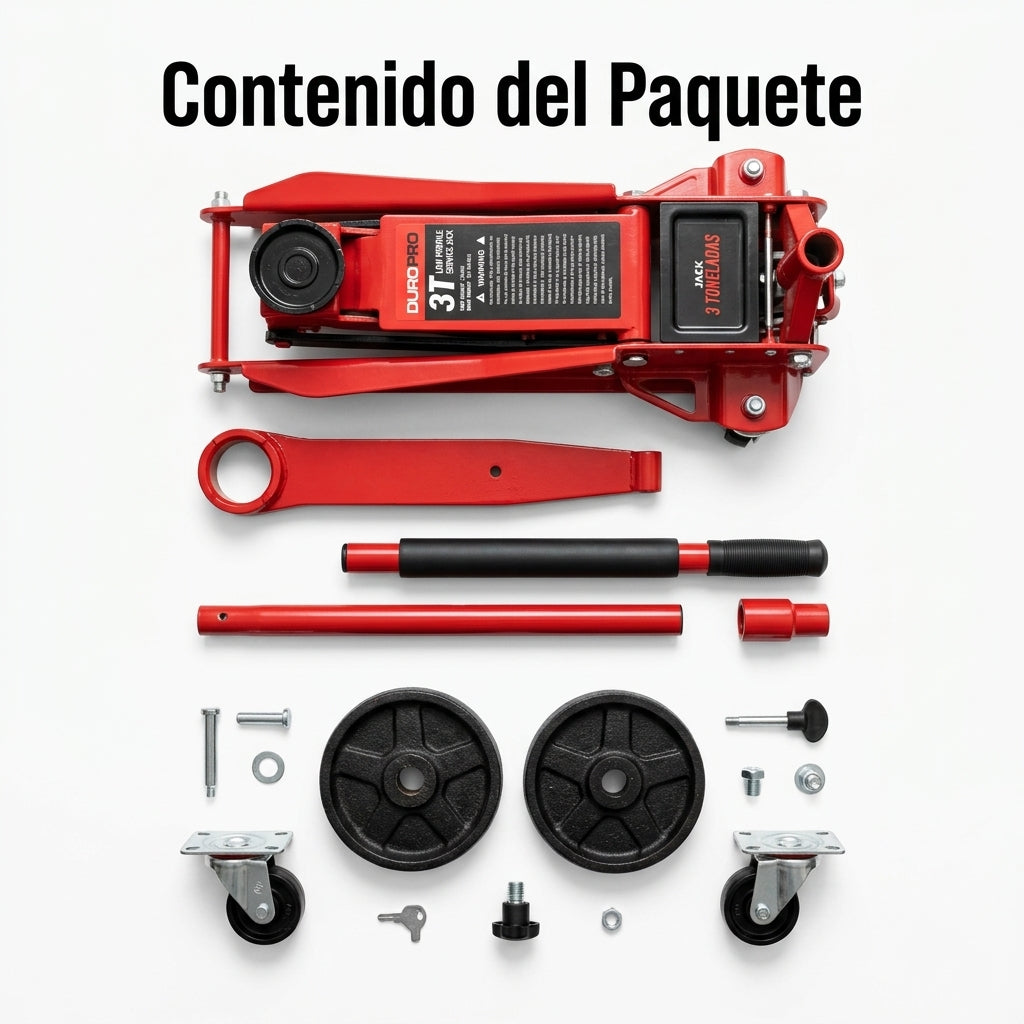 3-ton low profile dual piston floor jack — Contenido del Paquete - Vista Aerea | Generated by Modelize