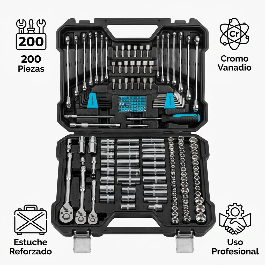 200-piece mechanic's tool set — Infografia de Caracteristicas | Generated by Modelize
