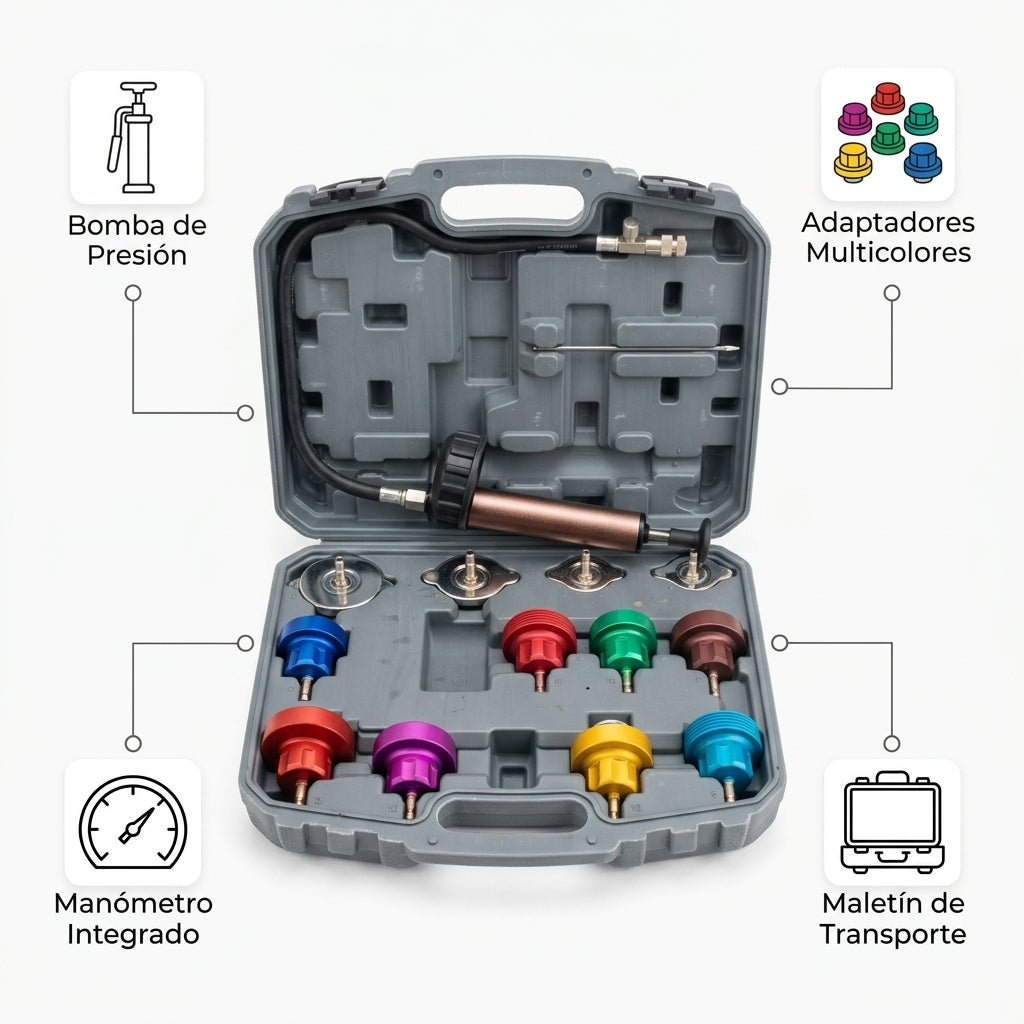Radiator pressure tester / Leak detection kit — Infografia de Caracteristicas | Generated by Modelize