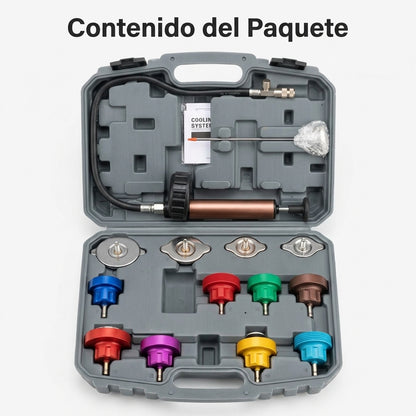 Radiator Pressure Tester Leak Detection Kit — Contenido del Paquete - Vista Aerea | Generated by Modelize