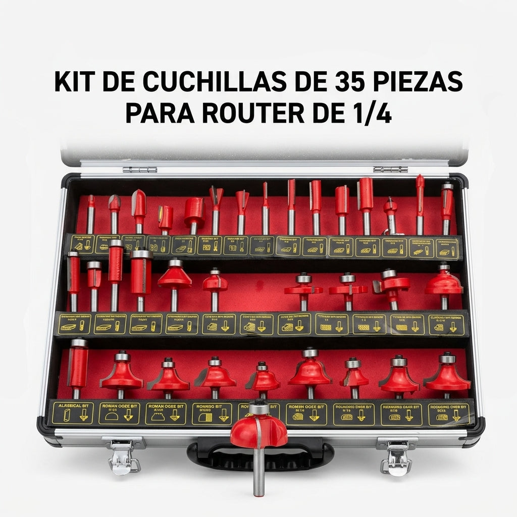 35-piece router bit set with aluminum storage case — Portada Principal - Estudio Blanco | Generated by Modelize