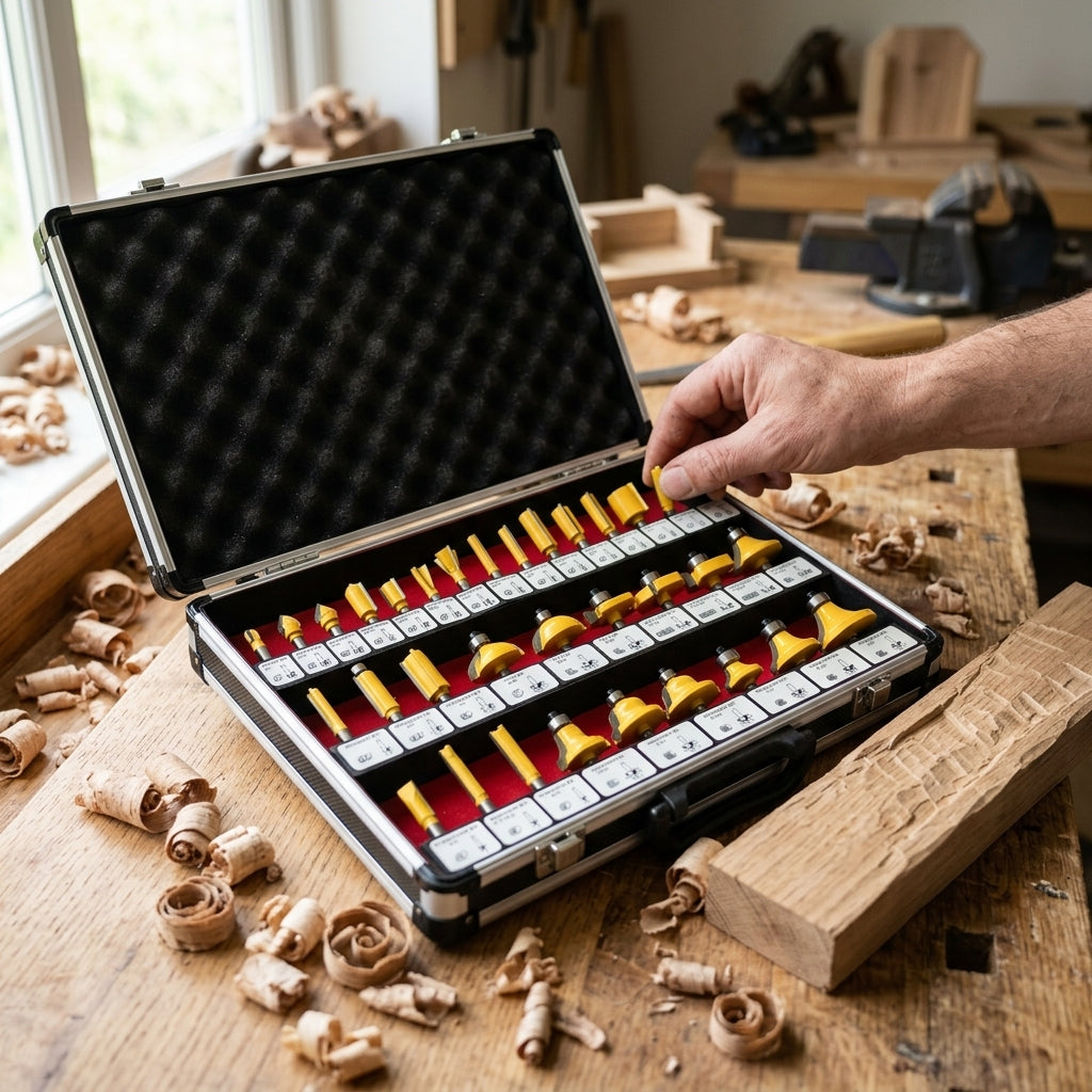 35-piece router bit set with aluminum carrying case — Estilo de Vida - Producto en Uso | Generated by Modelize