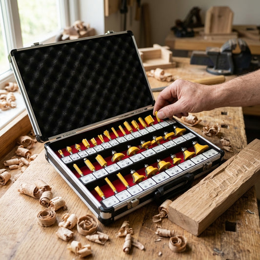 35-piece router bit set with aluminum carrying case — Estilo de Vida - Producto en Uso | Generated by Modelize