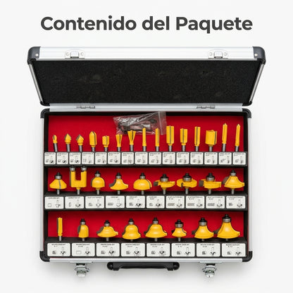 35-piece router bit set with carrying case — Contenido del Paquete - Vista Aerea | Generated by Modelize