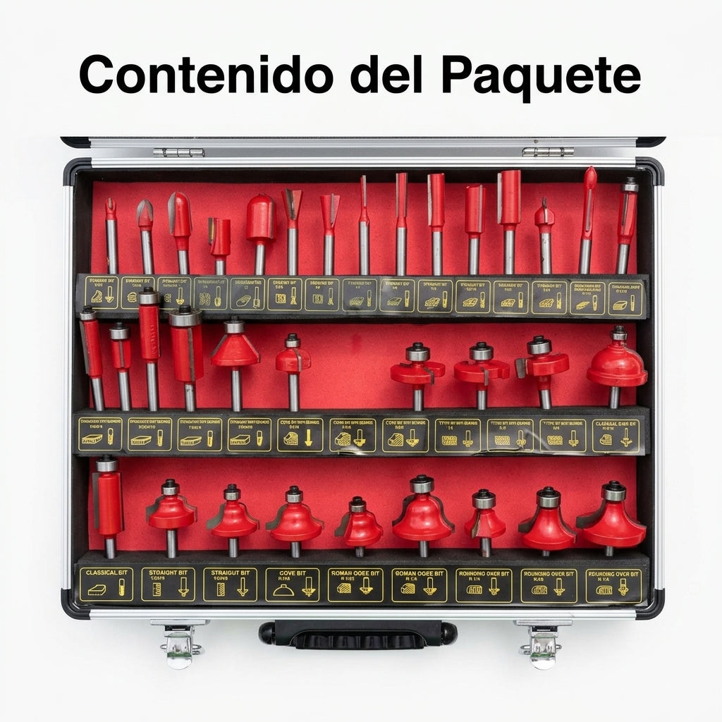 Router bit set — Contenido del Paquete - Vista Aerea | Generated by Modelize