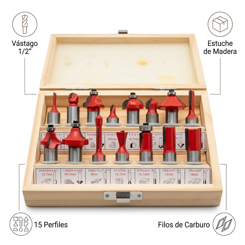15-piece router bit set — Infografia de Caracteristicas | Generated by Modelize