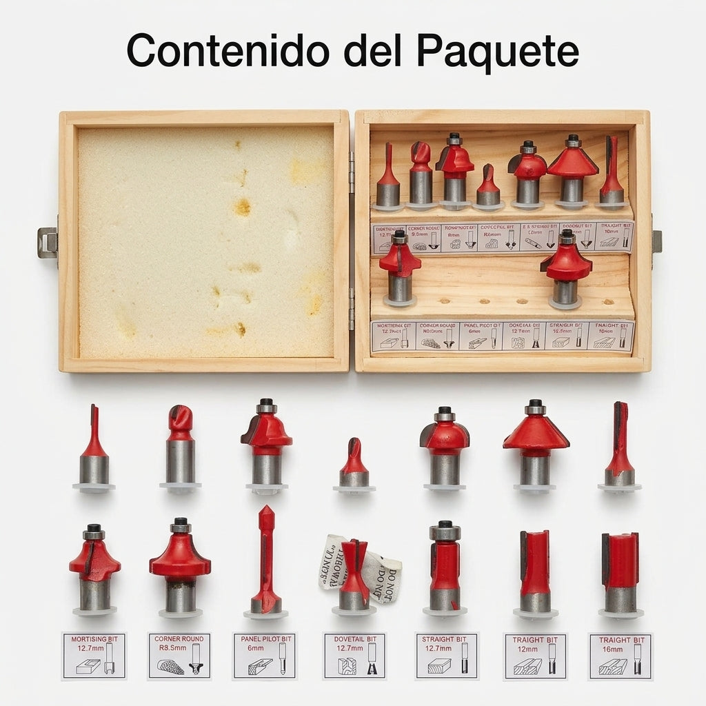 Router bit set — Contenido del Paquete - Vista Aerea | Generated by Modelize
