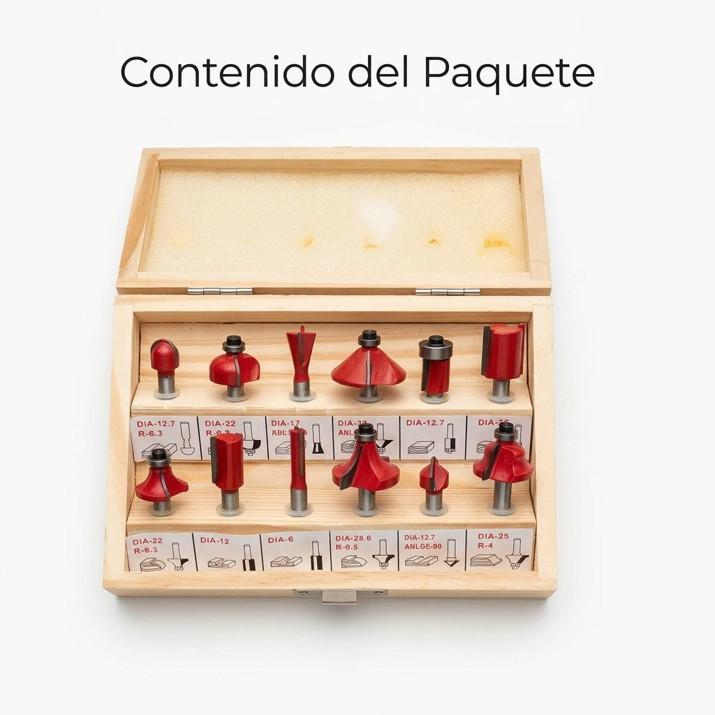 12-piece router bit kit — Contenido del Paquete - Vista Aerea | Generated by Modelize