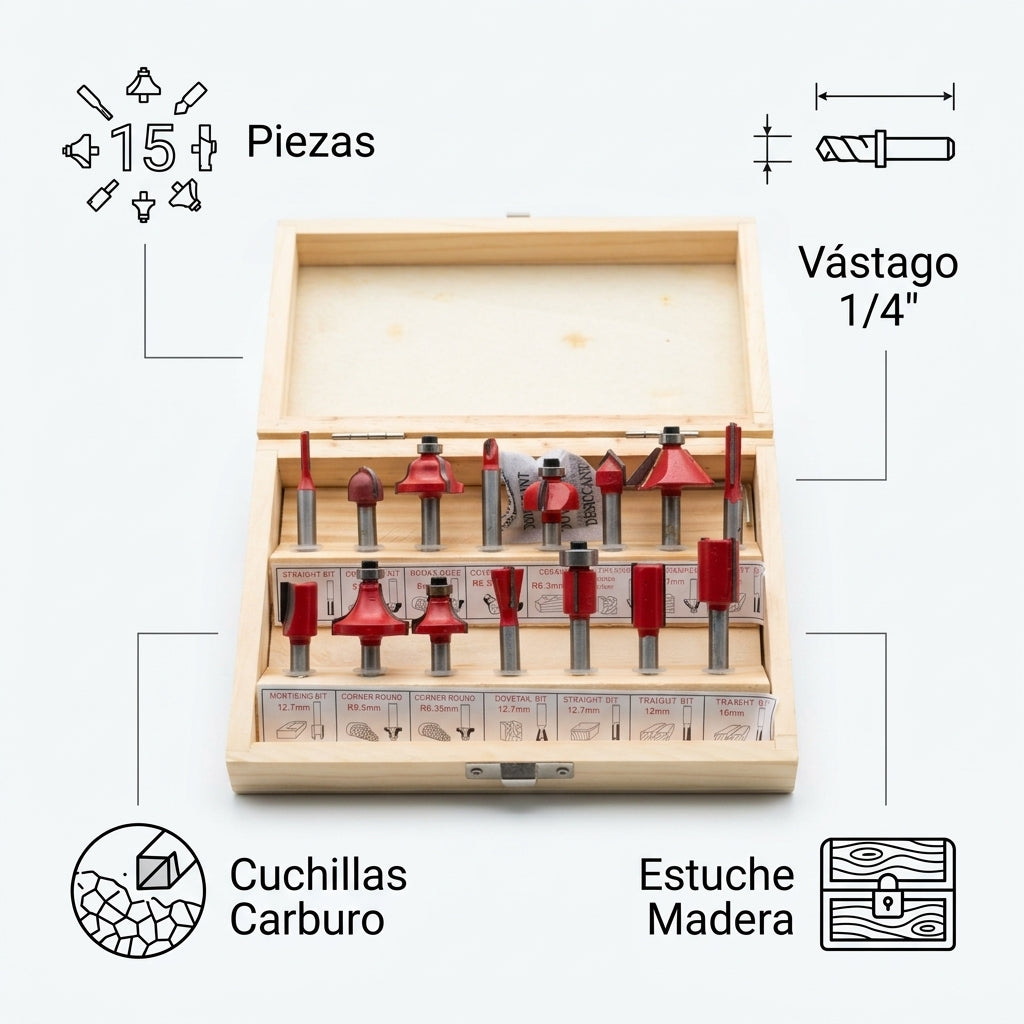 15-piece router bit set — Infografia de Caracteristicas | Generated by Modelize