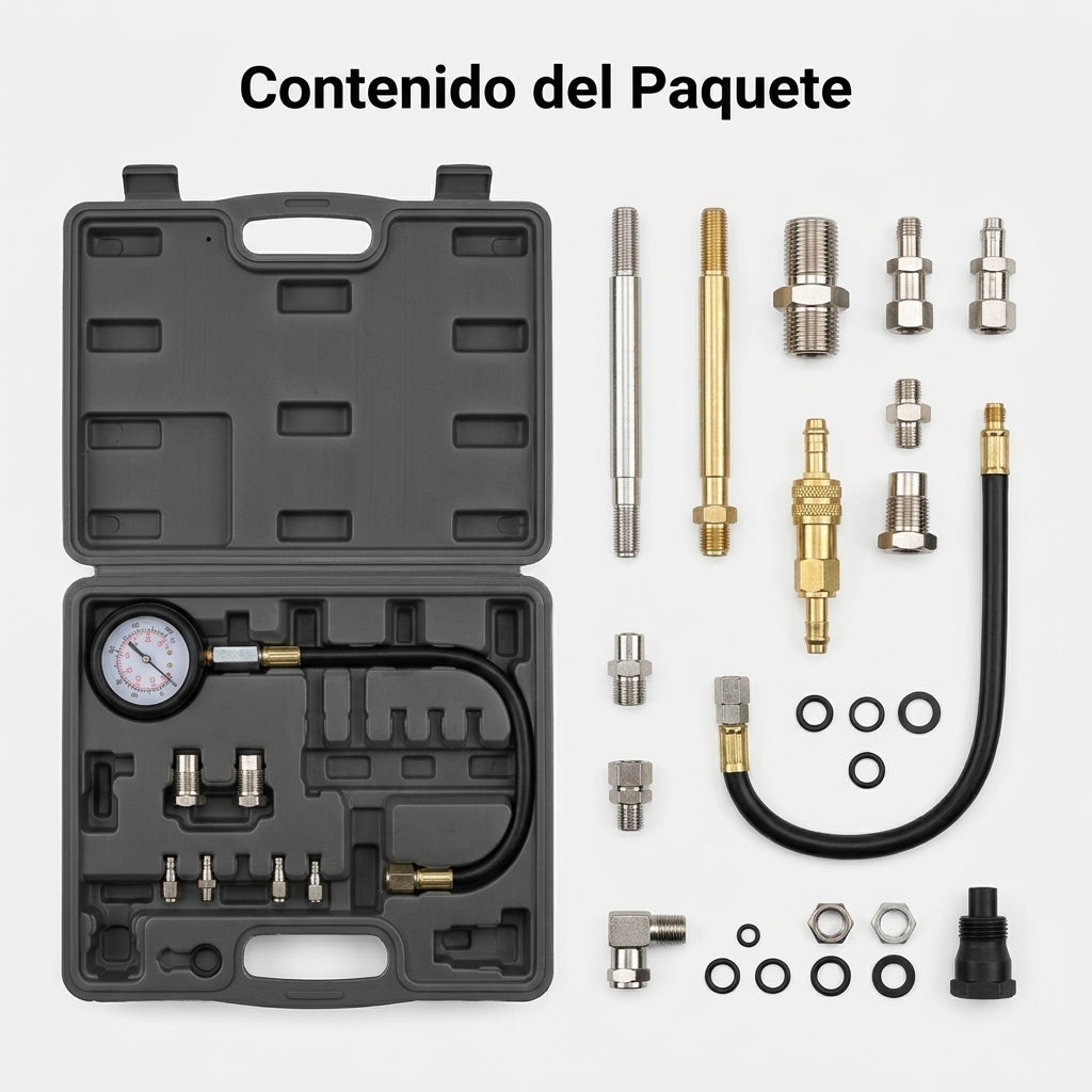 Diesel engine compression tester kit — Contenido del Paquete - Vista Aerea | Generated by Modelize