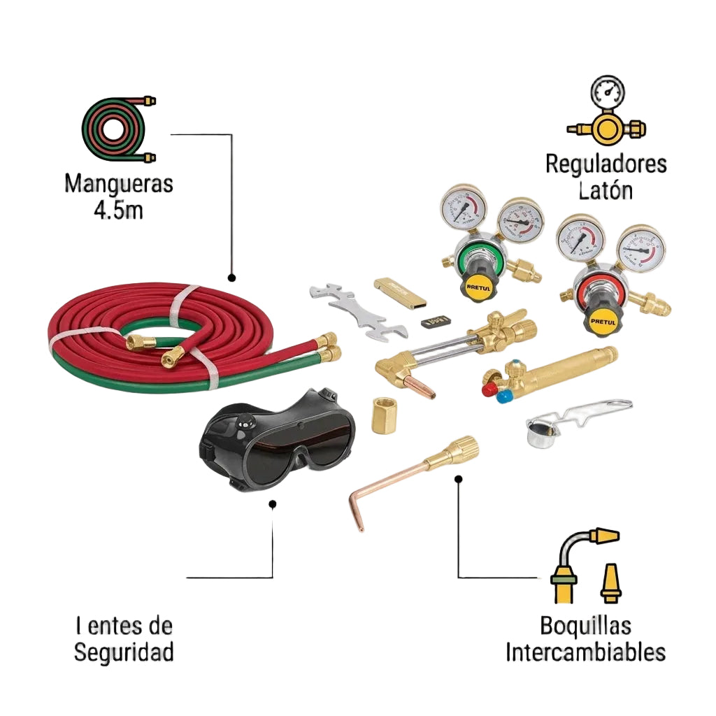 Oxy-acetylene welding and cutting kit — Infografia de Caracteristicas | Generated by Modelize