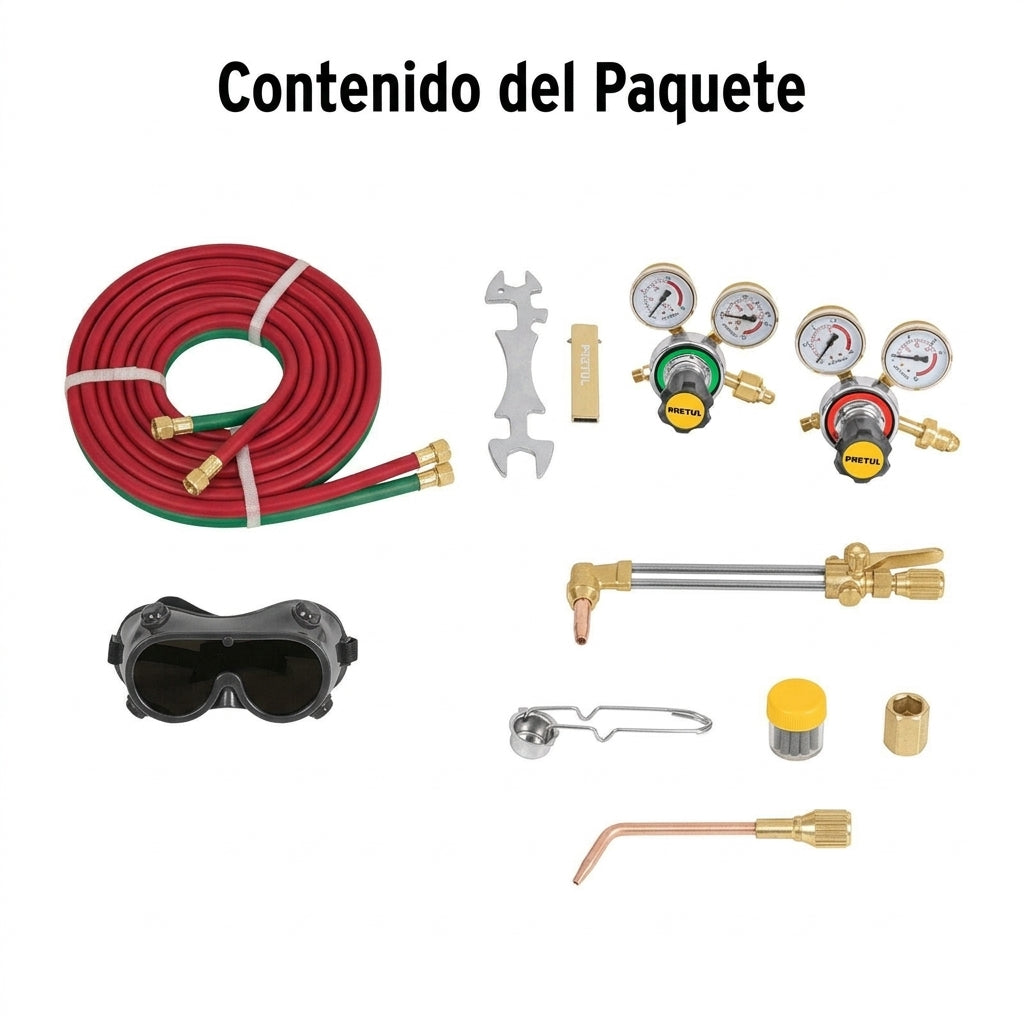 Oxy-fuel welding and cutting kit — Contenido del Paquete - Vista Aerea | Generated by Modelize