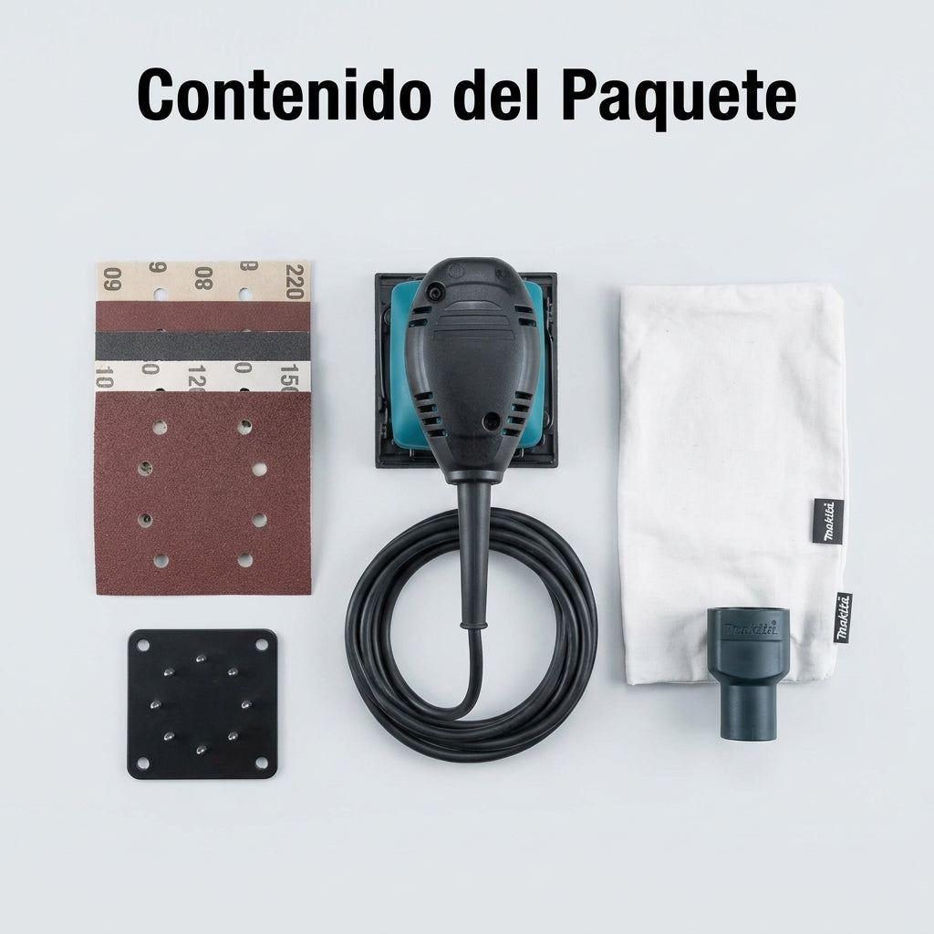 Electric orbital palm sander — Contenido del Paquete - Vista Aerea | Generated by Modelize