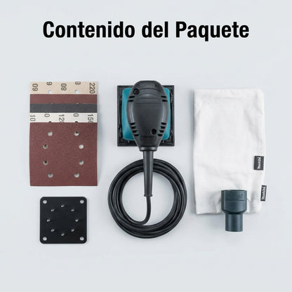 Electric orbital palm sander — Contenido del Paquete - Vista Aerea | Generated by Modelize