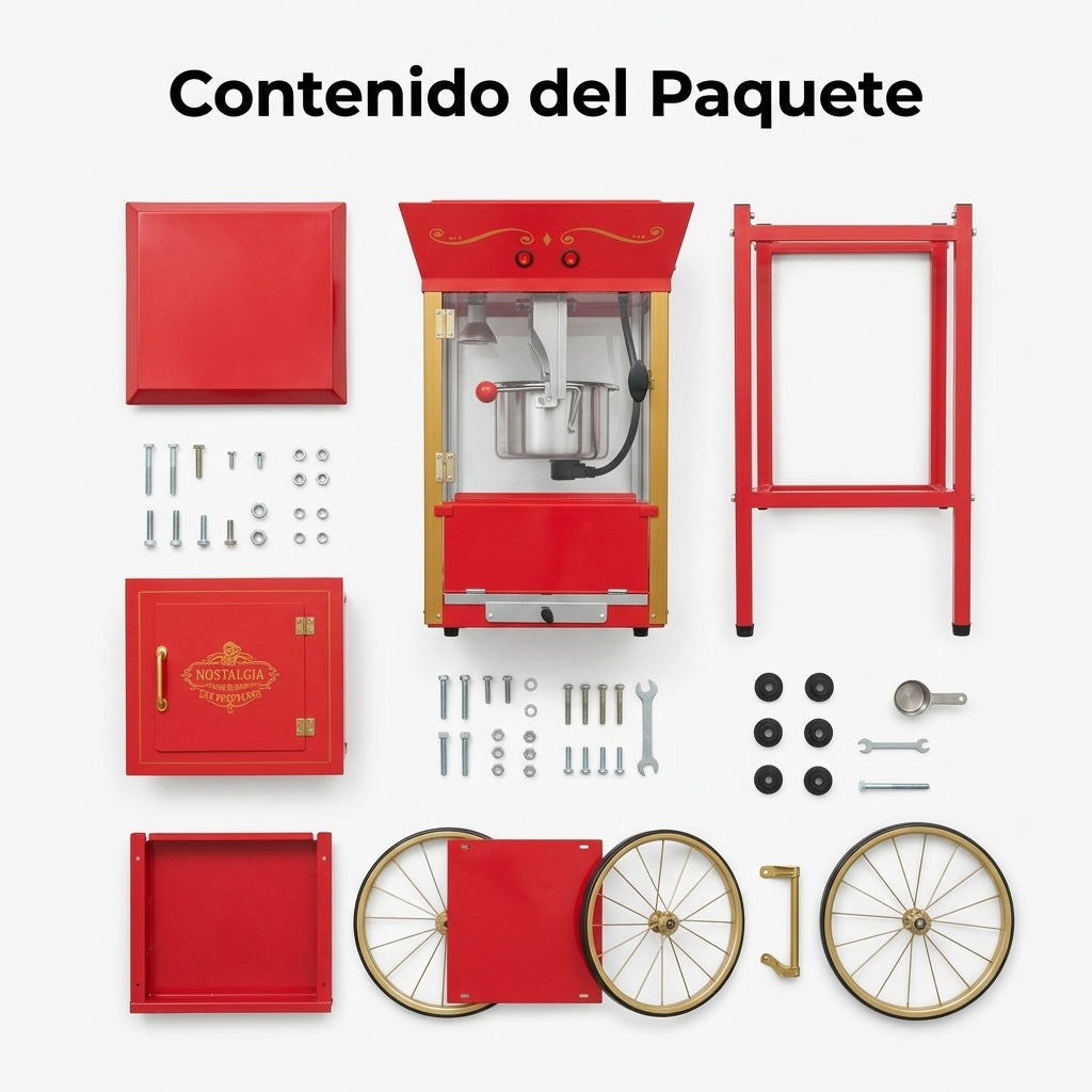 Vintage-style popcorn machine with wheeled cart — Contenido del Paquete - Vista Aerea | Generated by Modelize