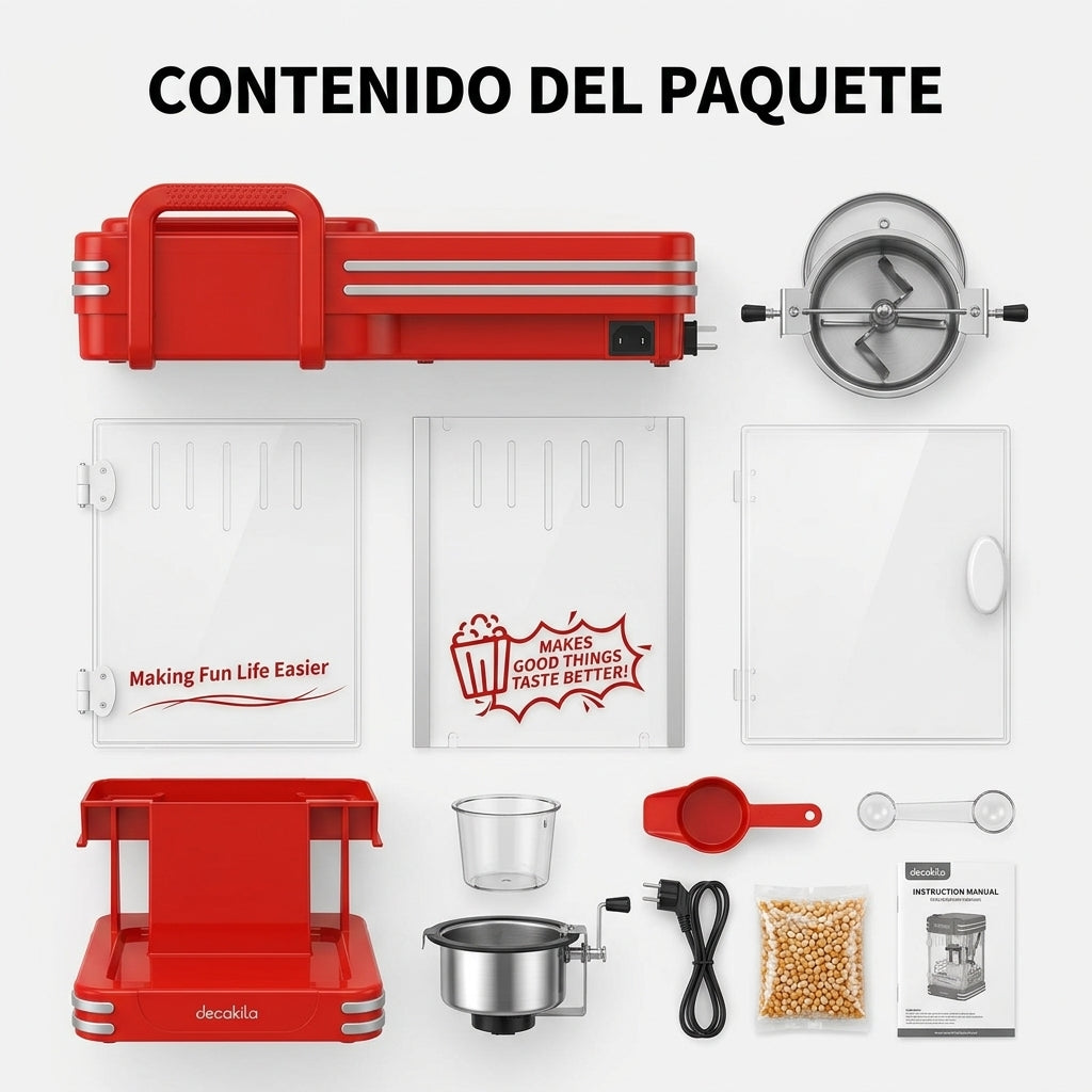 Vintage-style popcorn maker — Contenido del Paquete - Vista Aerea | Generated by Modelize