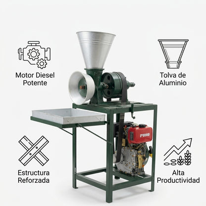Industrial grain mill with diesel engine — Infografia de Caracteristicas | Generated by Modelize