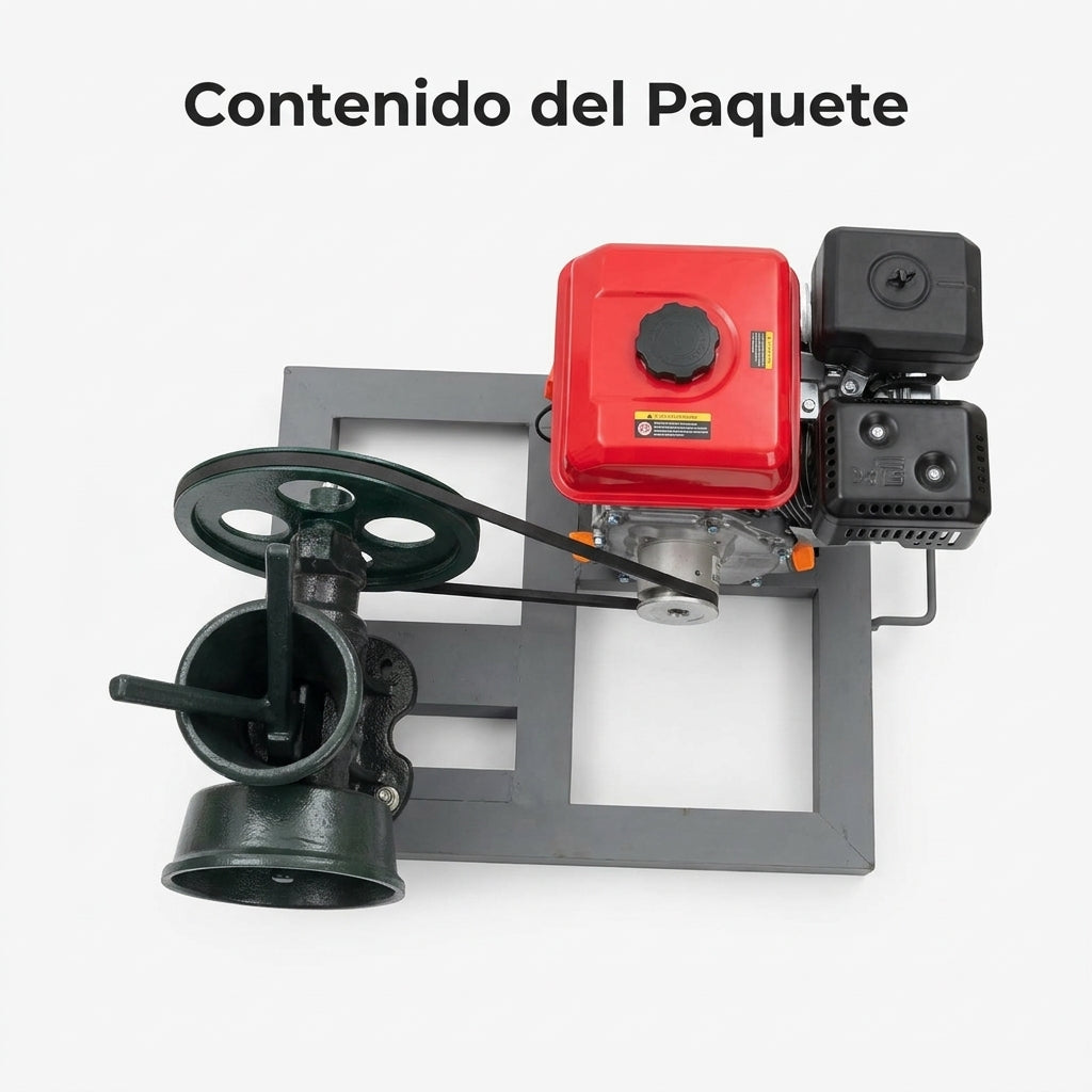 Gas-powered grain mill — Contenido del Paquete - Vista Aerea | Generated by Modelize
