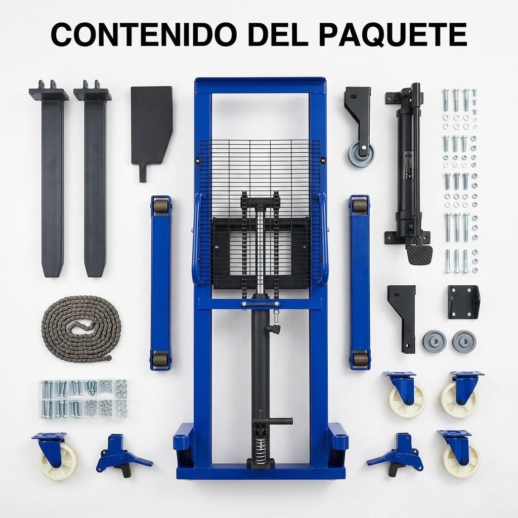 Hydraulic Manual Stacker — Contenido del Paquete - Vista Aerea | Generated by Modelize