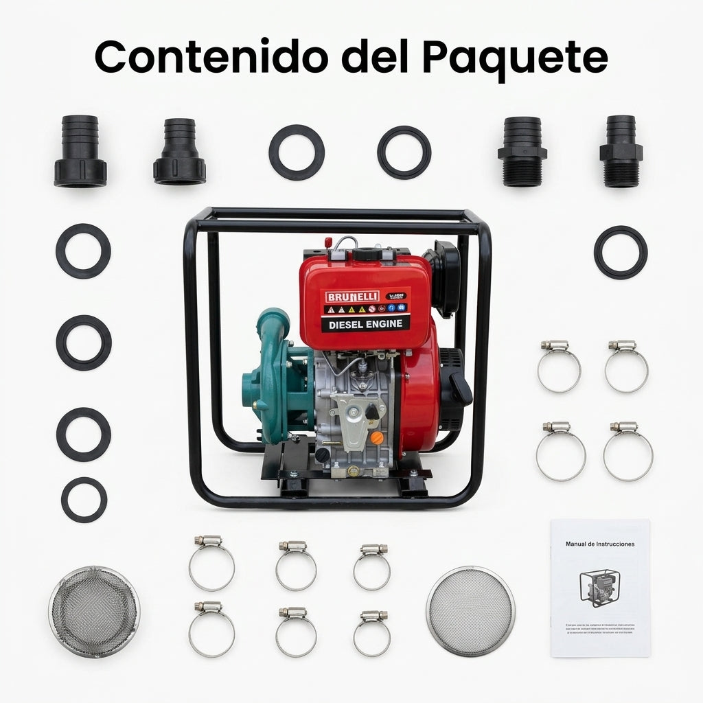 Diesel Water Pressure Pump — Contenido del Paquete - Vista Aerea | Generated by Modelize