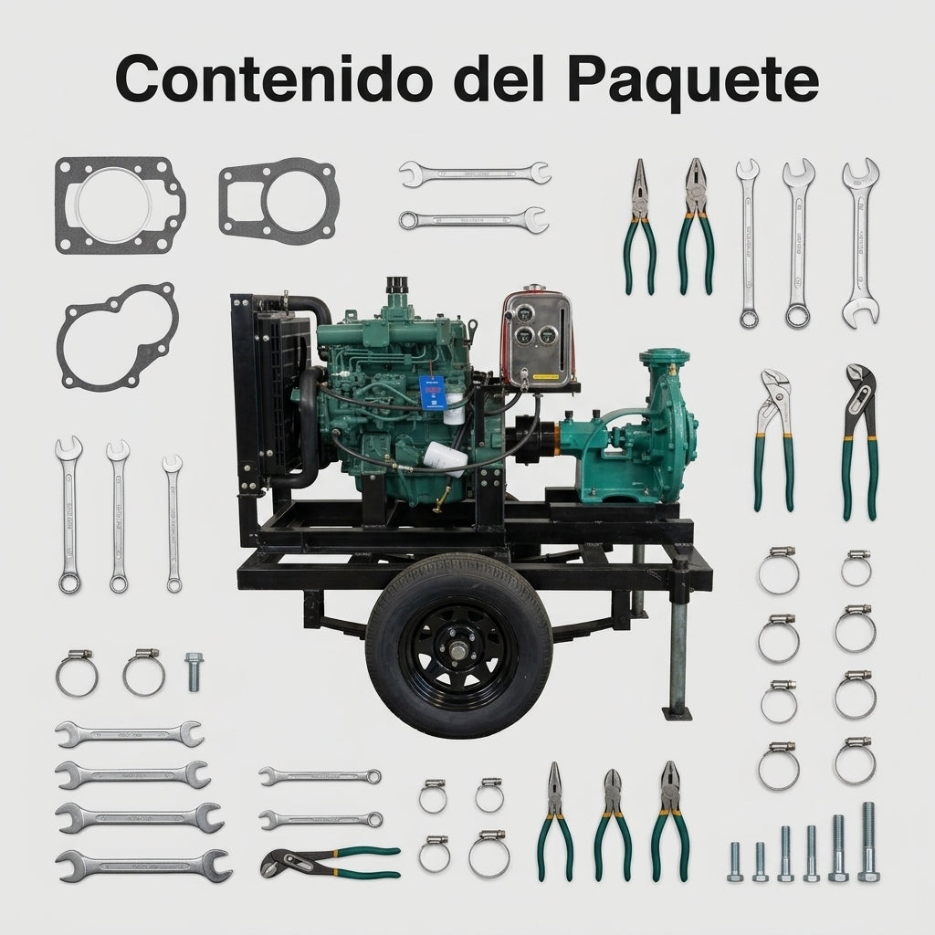 Industrial Diesel Water Pump with Trailer — Contenido del Paquete - Vista Aerea | Generated by Modelize