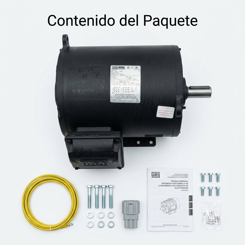 Industrial Three-Phase Electric Motor — Contenido del Paquete - Vista Aerea | Generated by Modelize
