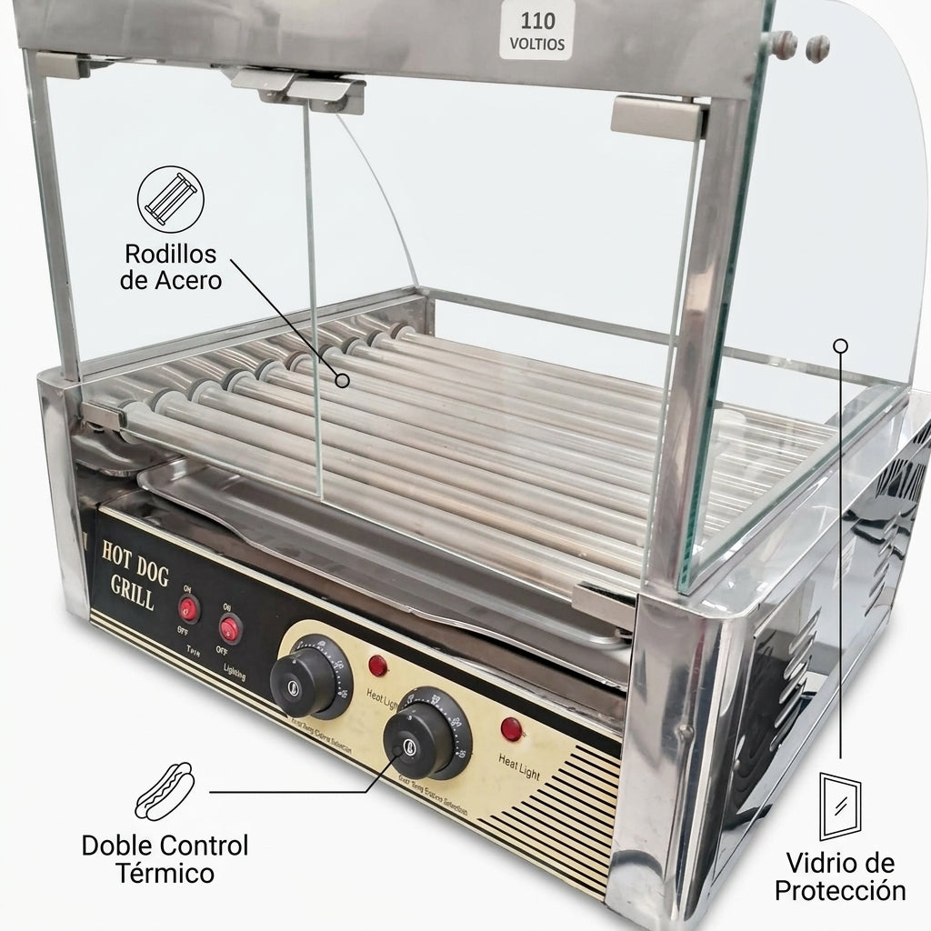 Commercial hot dog roller grill with glass vitrine — Infografia de Caracteristicas | Generated by Modelize