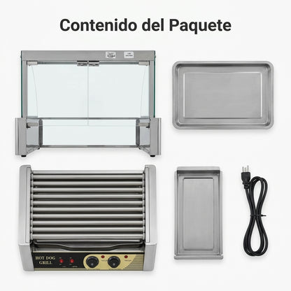 Commercial Hot Dog Roller Grill with Glass Showcase — Contenido del Paquete - Vista Aerea | Generated by Modelize