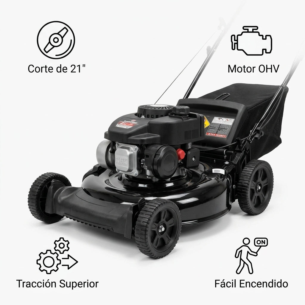 Gas-powered walk-behind lawn mower — Infografia de Caracteristicas | Generated by Modelize