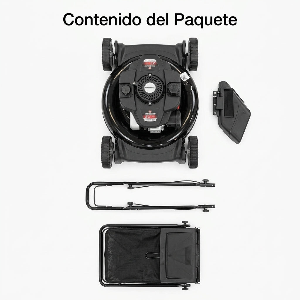 Gas-powered walk-behind lawnmower — Contenido del Paquete - Vista Aerea | Generated by Modelize