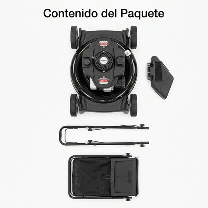 Gas-powered walk-behind lawnmower — Contenido del Paquete - Vista Aerea | Generated by Modelize