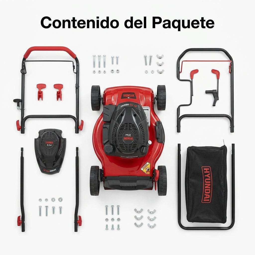 Gas-powered push lawn mower — Contenido del Paquete - Vista Aerea | Generated by Modelize