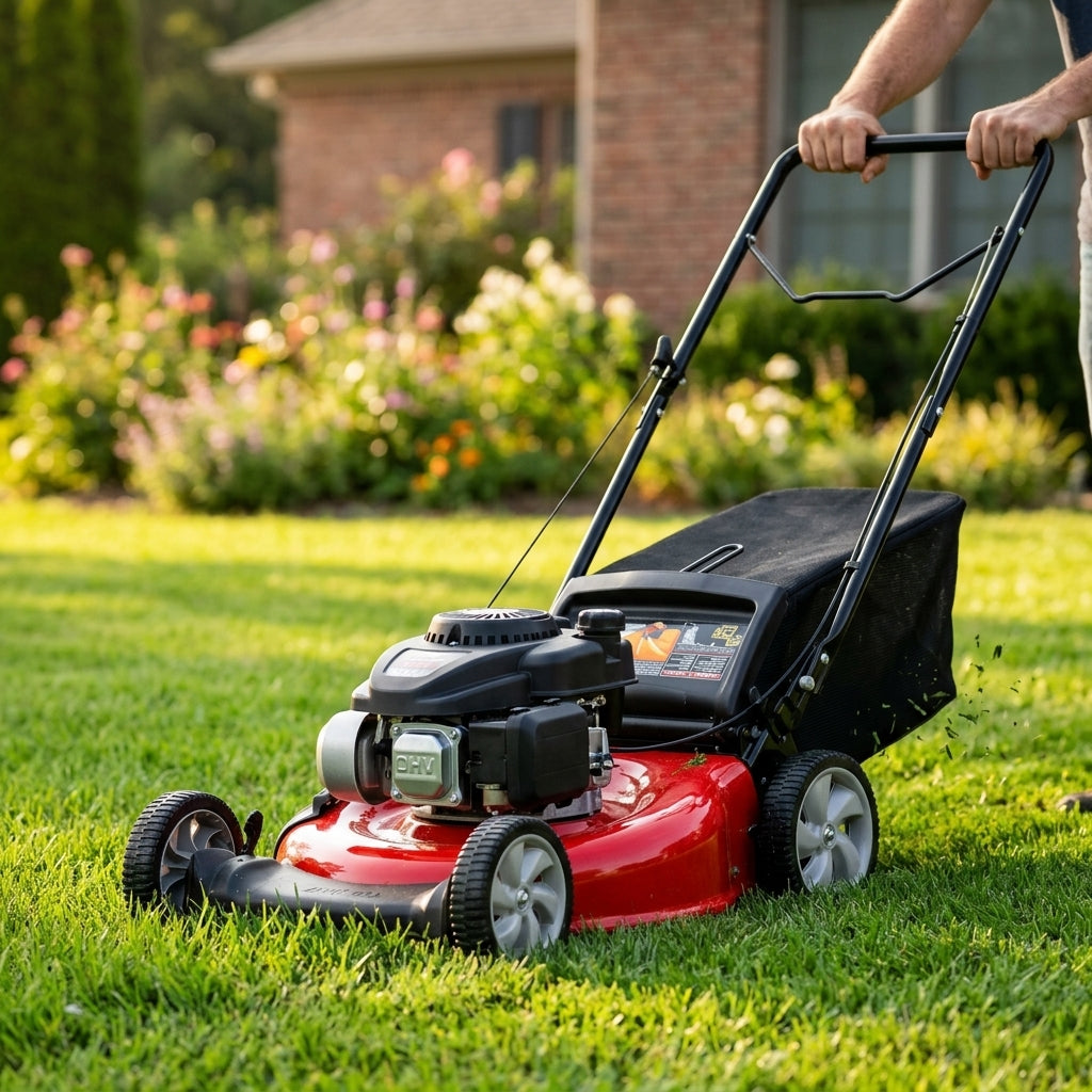 Gas-powered walk-behind lawn mower — Estilo de Vida - Producto en Uso | Generated by Modelize