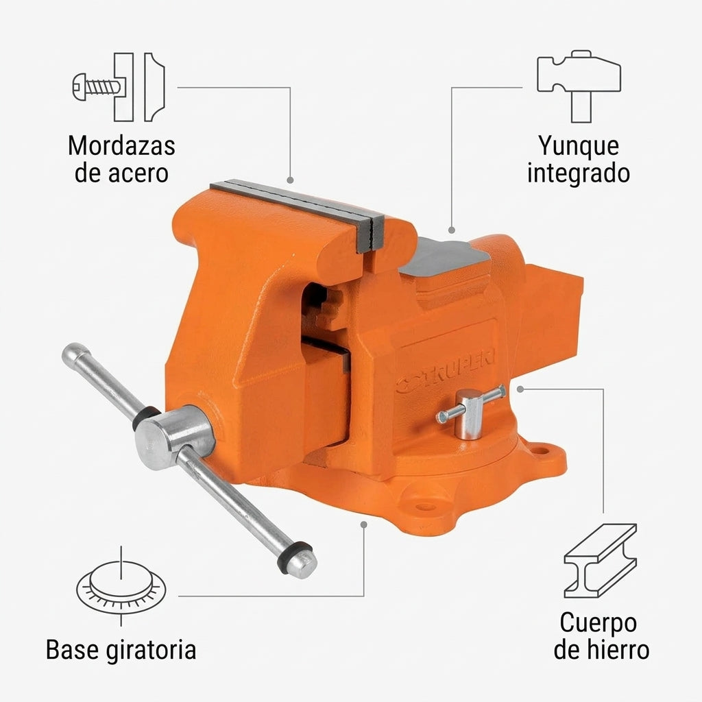 Industrial bench vice — Infografia de Caracteristicas | Generated by Modelize