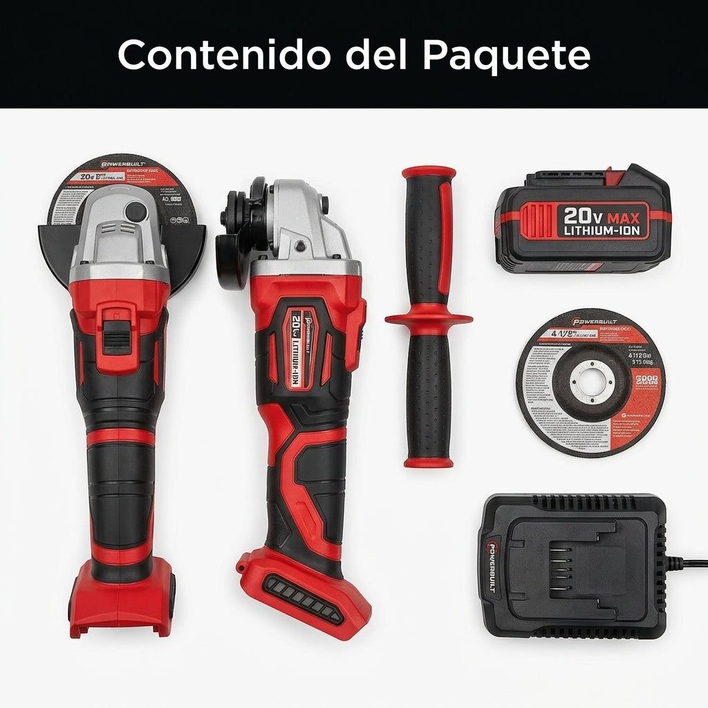 Cordless Angle Grinder — Contenido del Paquete - Vista Aerea | Generated by Modelize