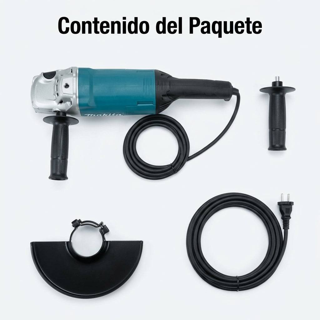 9-inch heavy-duty angle grinder — Contenido del Paquete - Vista Aerea | Generated by Modelize