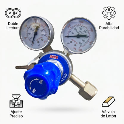 Dual-gauge oxygen regulator — Infografia de Caracteristicas | Generated by Modelize