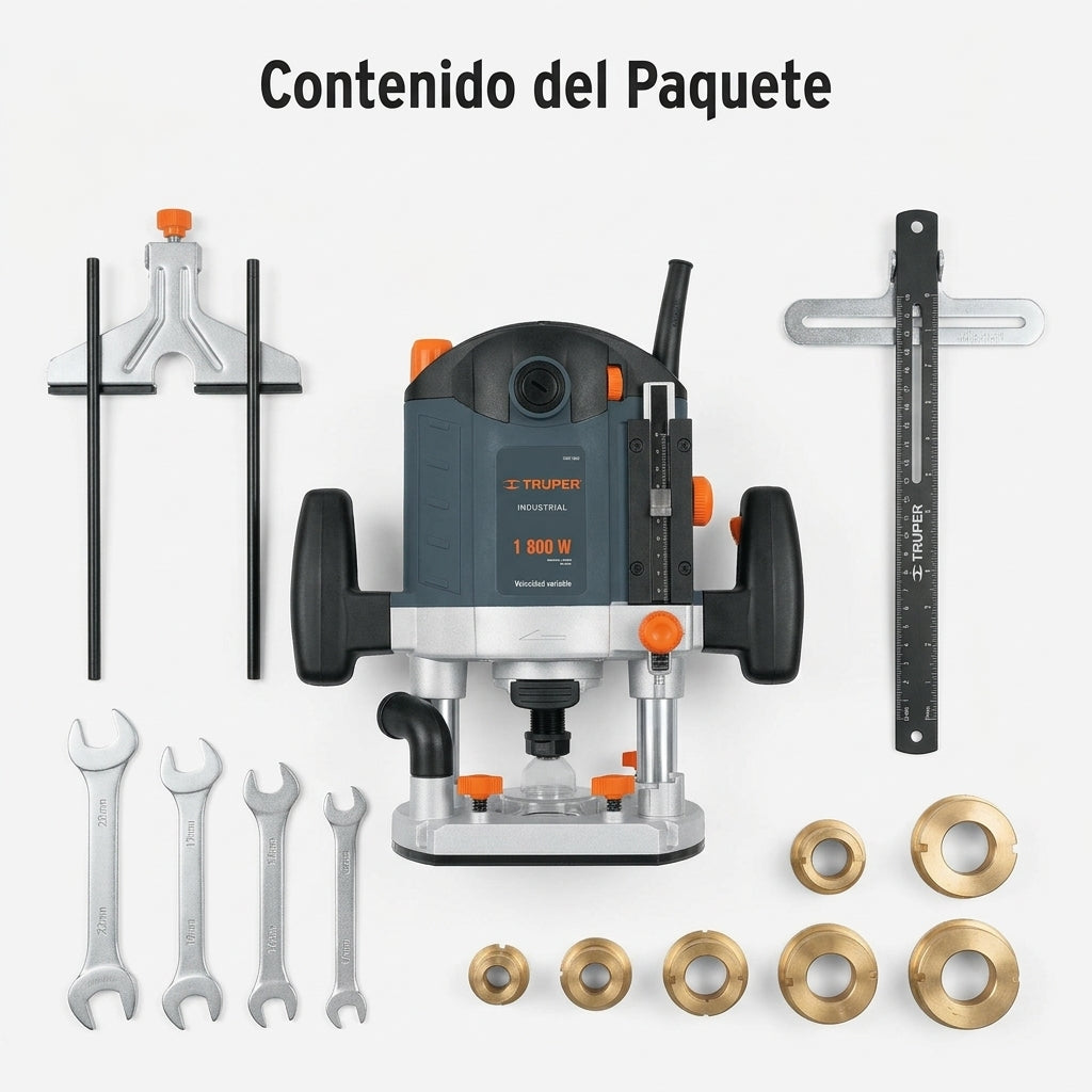 Industrial Plunge Router — Contenido del Paquete - Vista Aerea | Generated by Modelize