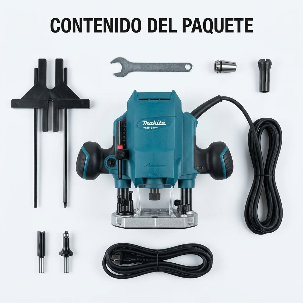 Industrial Plunge Router — Contenido del Paquete - Vista Aerea | Generated by Modelize