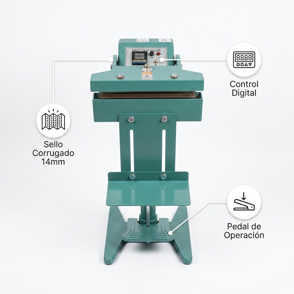 Industrial Pedestal Heat Sealer — Infografia de Caracteristicas | Generated by Modelize