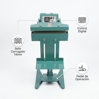 Industrial Pedestal Heat Sealer — Infografia de Caracteristicas | Generated by Modelize