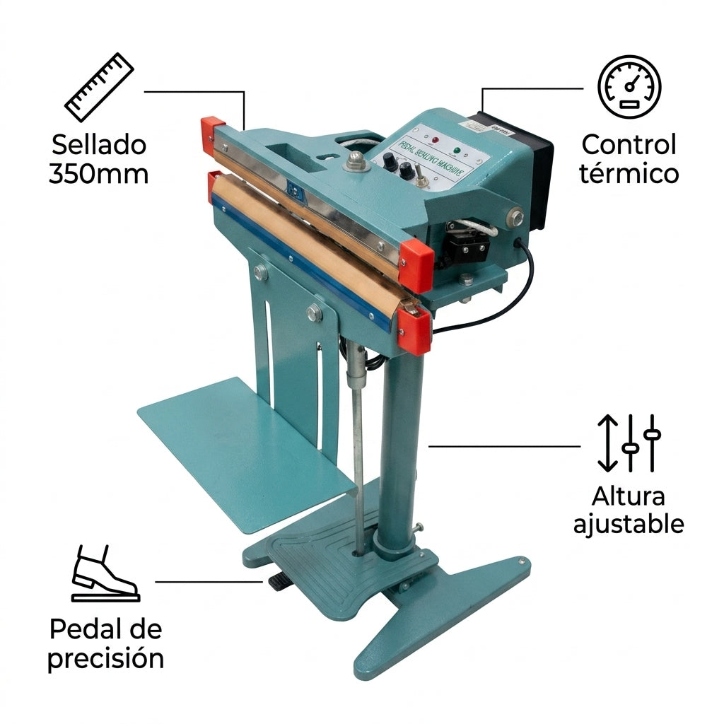 Selladora de pedestal industrial — Infografia de Caracteristicas | Generated by Modelize