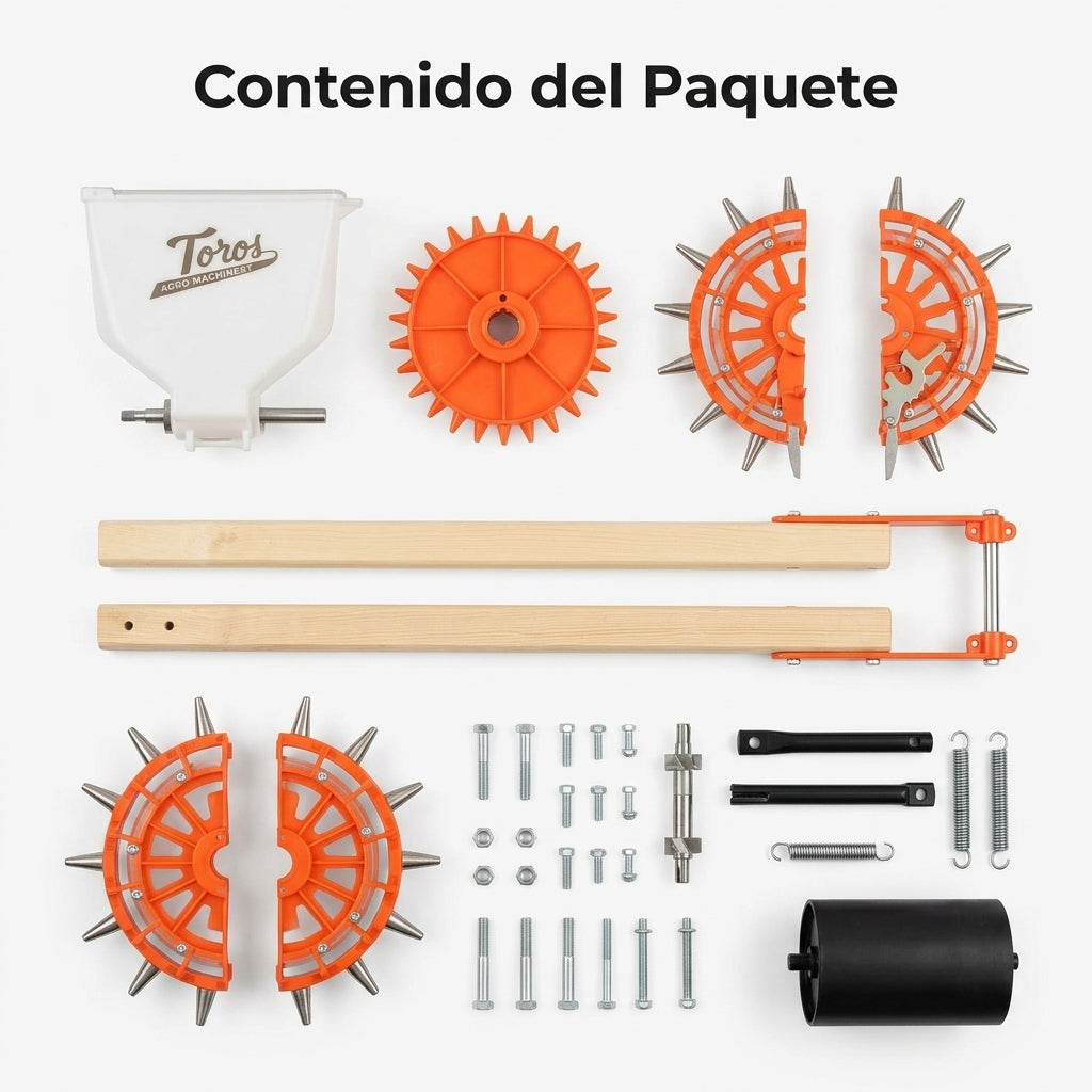 Manual seeder with fertilizer distributor — Contenido del Paquete - Vista Aerea | Generated by Modelize