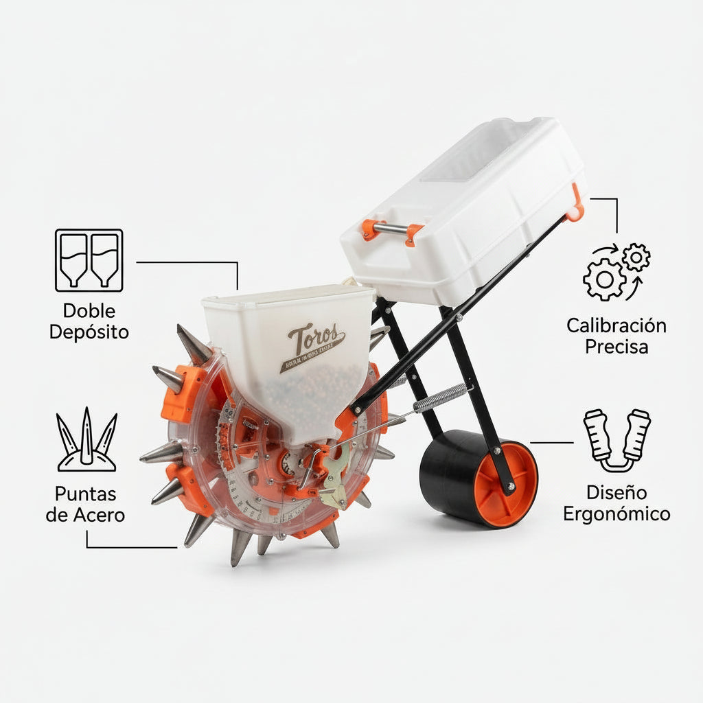 Manual seeder with fertilizer dispenser — Infografia de Caracteristicas | Generated by Modelize