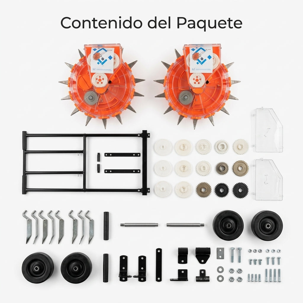 Manual dual-row seeder — Contenido del Paquete - Vista Aerea | Generated by Modelize