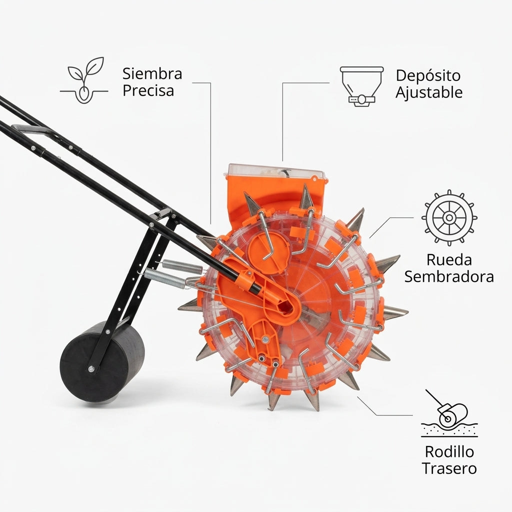 Manual rotary seeder — Infografia de Caracteristicas | Generated by Modelize