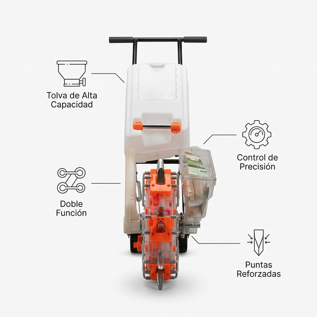 Manual seeder and fertilizer machine — Infografia de Caracteristicas | Generated by Modelize