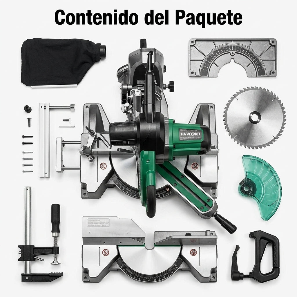 12-Inch Dual Bevel Sliding Compound Miter Saw — Contenido del Paquete - Vista Aerea | Generated by Modelize