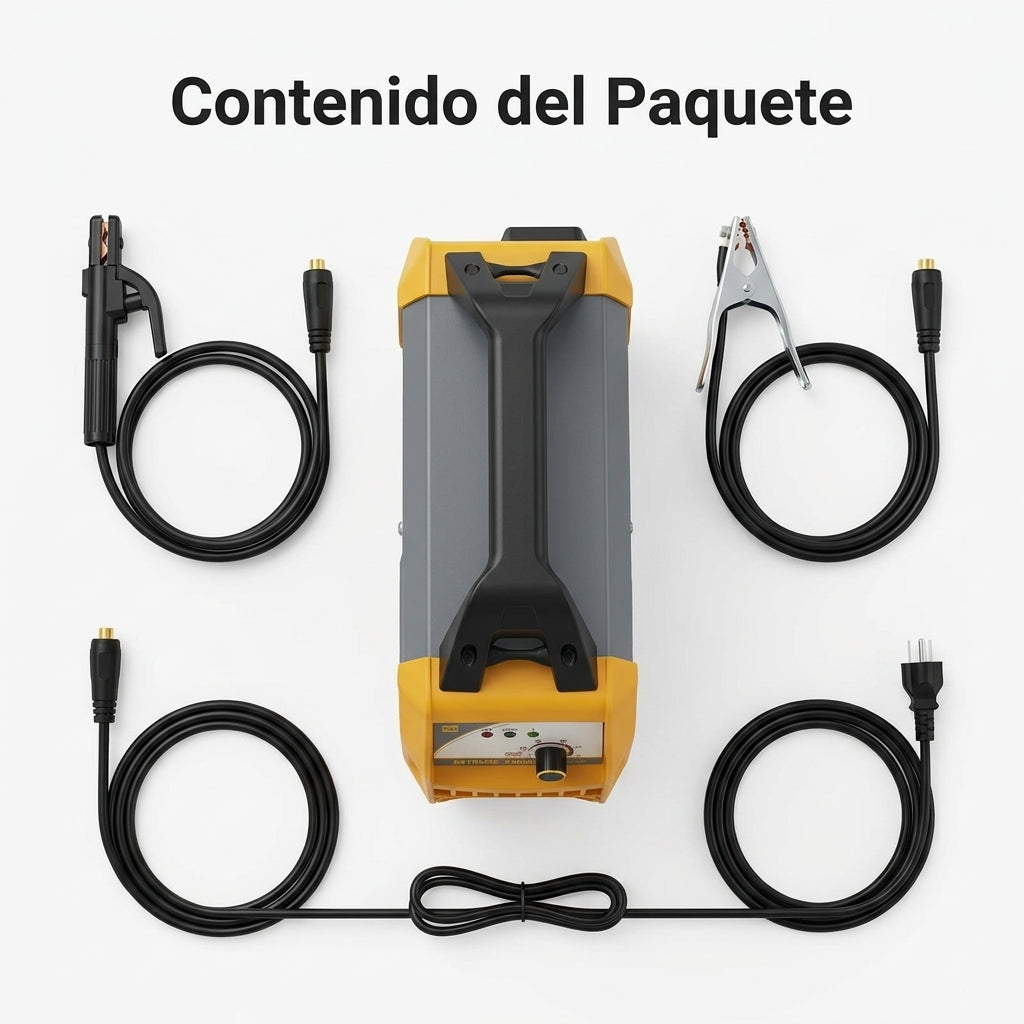 Soldadora Inverter — Contenido del Paquete - Vista Aerea | Generated by Modelize