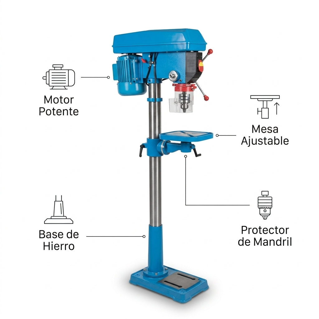 Pedestal Drill Press — Infografia de Caracteristicas | Generated by Modelize